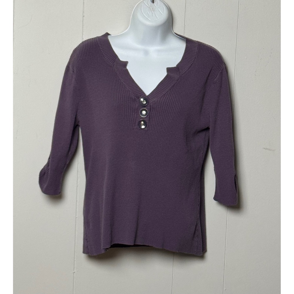 Axcess Women's Purple Ribbed Cotton Henley Sweater 3/4 Sleeve Size Large